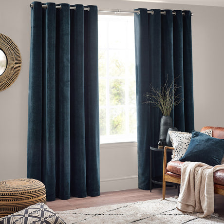 Heavy Chenille Velvet Plain Eyelet Curtains - Navy