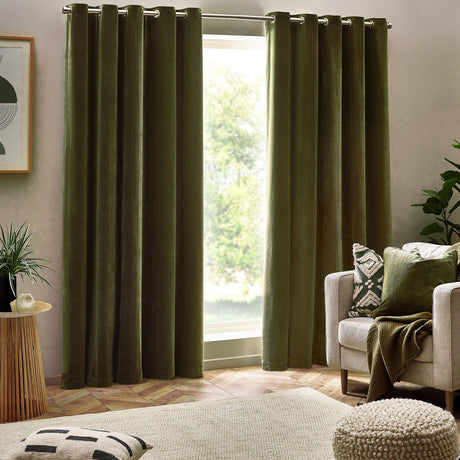 Heavy Chenille Velvet Plain Eyelet Curtains - Olive
