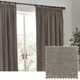 Heavy chenille velvet pencil pleat curtains in greige hung on a black curtain pole beside white French doors, with a fabric swatch shown inset.