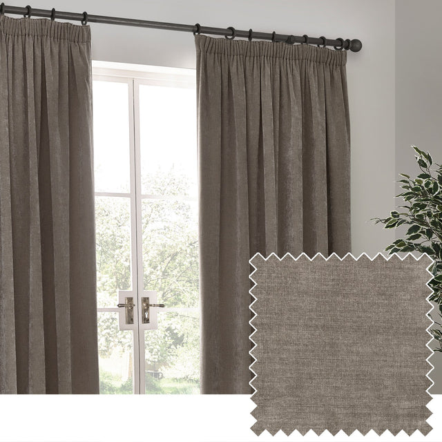 Heavy chenille velvet pencil pleat curtains in greige hung on a black curtain pole beside white French doors, with a fabric swatch shown inset.