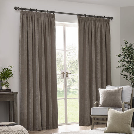 Heavy Chenille Plain Velvet Pencil Pleat Curtains - Greige