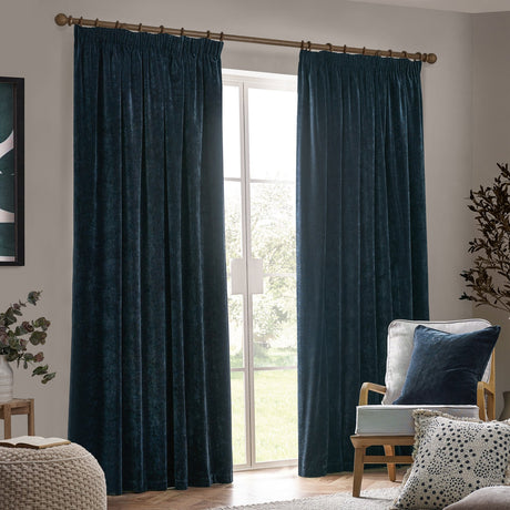Heavy Chenille Plain Velvet Pencil Pleat Curtains - Navy
