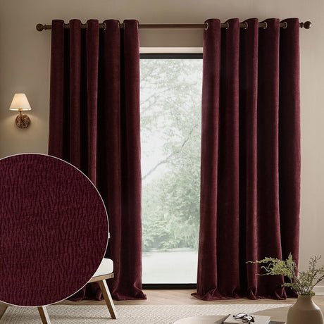 Heath Washed Velvet Fully Lined Eyelet Curtains in Beetroot, hung on a bronze pole beside a window in a neutral living room, with a fabric texture swatch inset.