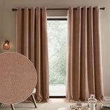 Heath Washed Velvet Jacquard Fully Lined Eyelet Curtains in Cotta pink hung on a dark rod by a window, with a fabric texture close-up shown in the corner.