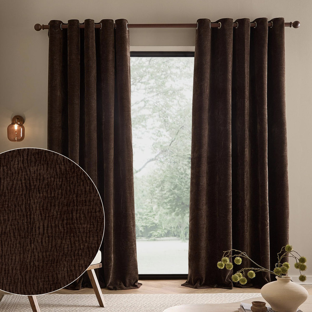 Heath Washed Velvet Fully Lined Eyelet Curtains in espresso brown, textured jacquard weave with brass eyelets, shown framing a window in a living room, with fabric swatch inset.