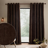 Heath Washed Velvet Fully Lined Eyelet Curtains in espresso brown, textured jacquard weave with brass eyelets, shown framing a window in a living room, with fabric swatch inset.