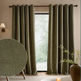Heath washed velvet eyelet curtains in eucalyptus green hanging fully lined either side of a window, with a fabric texture swatch shown in a living room setting.