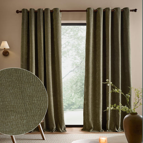 Heath washed velvet eyelet curtains in eucalyptus green hanging fully lined either side of a window, with a fabric texture swatch shown in a living room setting.