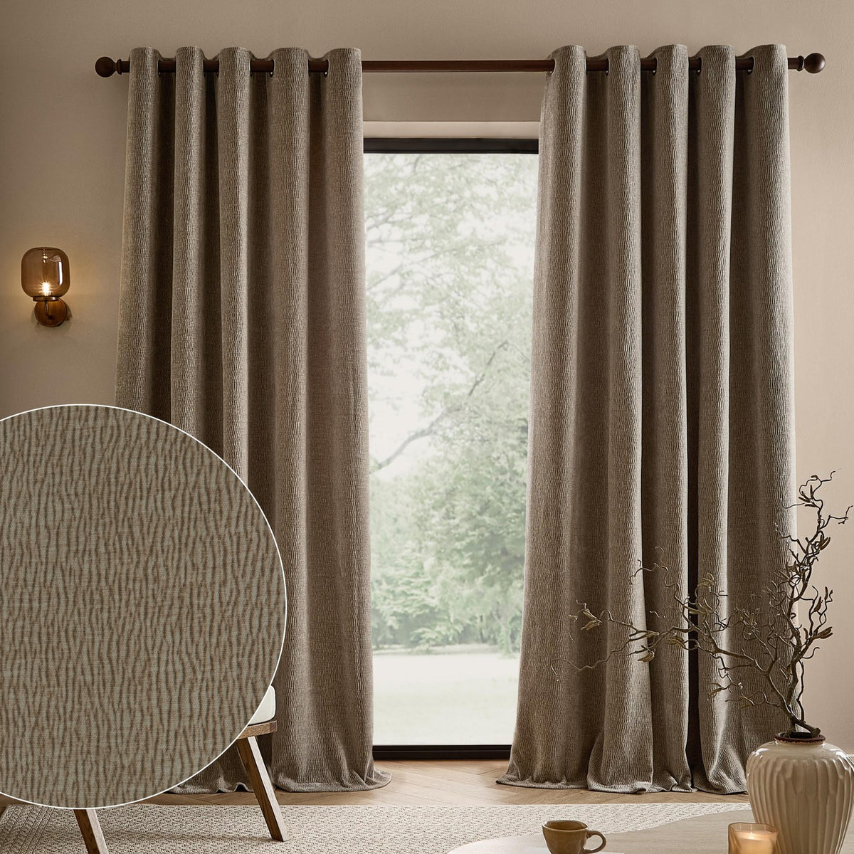Heath Washed Velvet Jacquard Fully Lined Eyelet Curtains in greige, shown hanging beside a window in a living room, with a fabric texture swatch inset.