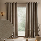 Heath Washed Velvet Jacquard Fully Lined Eyelet Curtains in greige, shown hanging beside a window in a living room, with a fabric texture swatch inset.