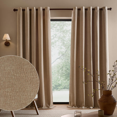 Heath Washed Velvet Linen fully lined eyelet curtains in beige, hung on a dark rod by a window, with a fabric swatch inset showing the textured jacquard weave.