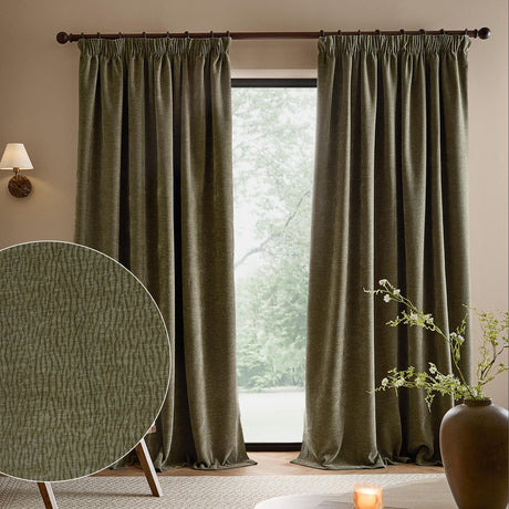 Heath Washed Velvet Pencil Pleat Curtains in Eucalyptus green hang full-length on a wooden pole in a living room window, with a fabric texture swatch shown inset.