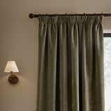 Heath pencil pleat curtains in eucalyptus green washed velvet with jacquard texture, shown hanging from a dark wood pole beside a window in a living room setting.