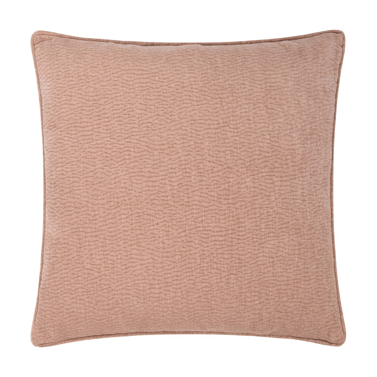 Heath Washed Velvet Jacquard Polyester Cushion in dusky pink (Cotta) with a subtle rippled texture, piped edge trim, and zip closure, shown against a plain white background.