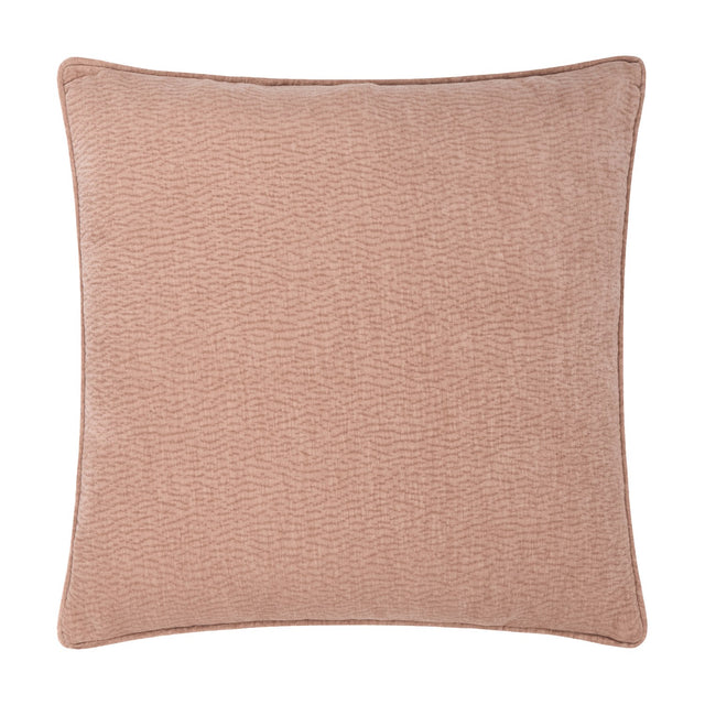 Heath Washed Velvet Jacquard Polyester Cushion in dusky pink (Cotta) with a subtle rippled texture, piped edge trim, and zip closure, shown against a plain white background.