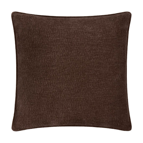 Heath square cushion in espresso brown washed velvet with a jacquard textured weave, polyester fabric, piped edges, shown on a plain white background.