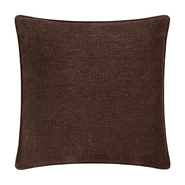 Heath square cushion in espresso brown washed velvet with a jacquard textured weave, polyester fabric, piped edges, shown on a plain white background.