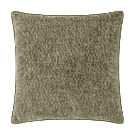 Heath Washed Velvet Jacquard Polyester Cushion in eucalyptus green, square with piped edging and a textured woven jacquard surface, shown on a white background.