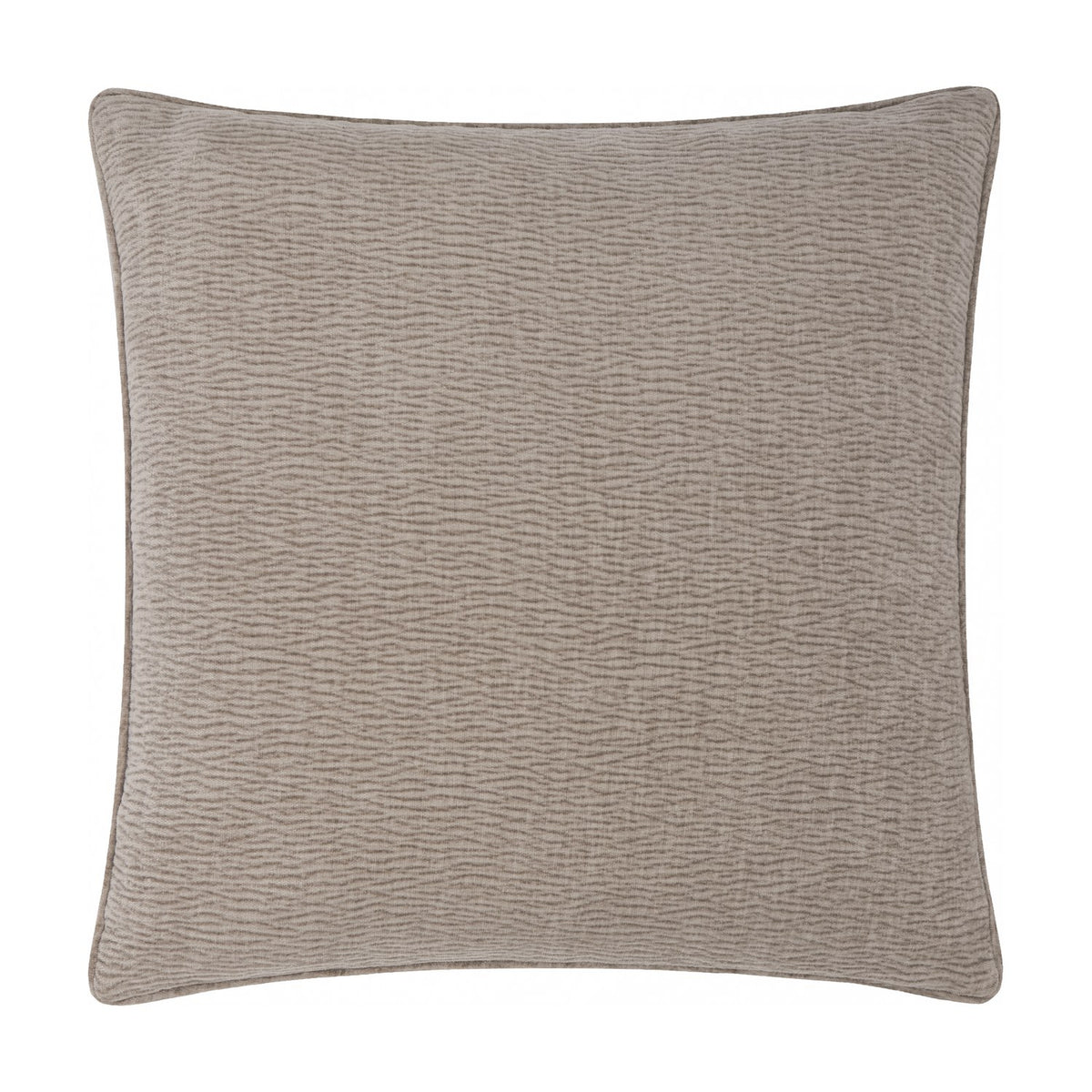 Square Heath cushion in greige washed velvet jacquard with a rippled pile texture and piped edge, shown on a plain white background.