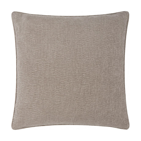Square Heath cushion in greige washed velvet jacquard with a rippled pile texture and piped edge, shown on a plain white background.