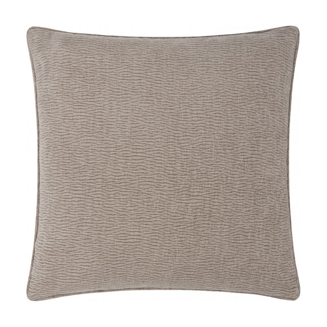 Square Heath cushion in greige washed velvet jacquard with a rippled pile texture and piped edge, shown on a plain white background.
