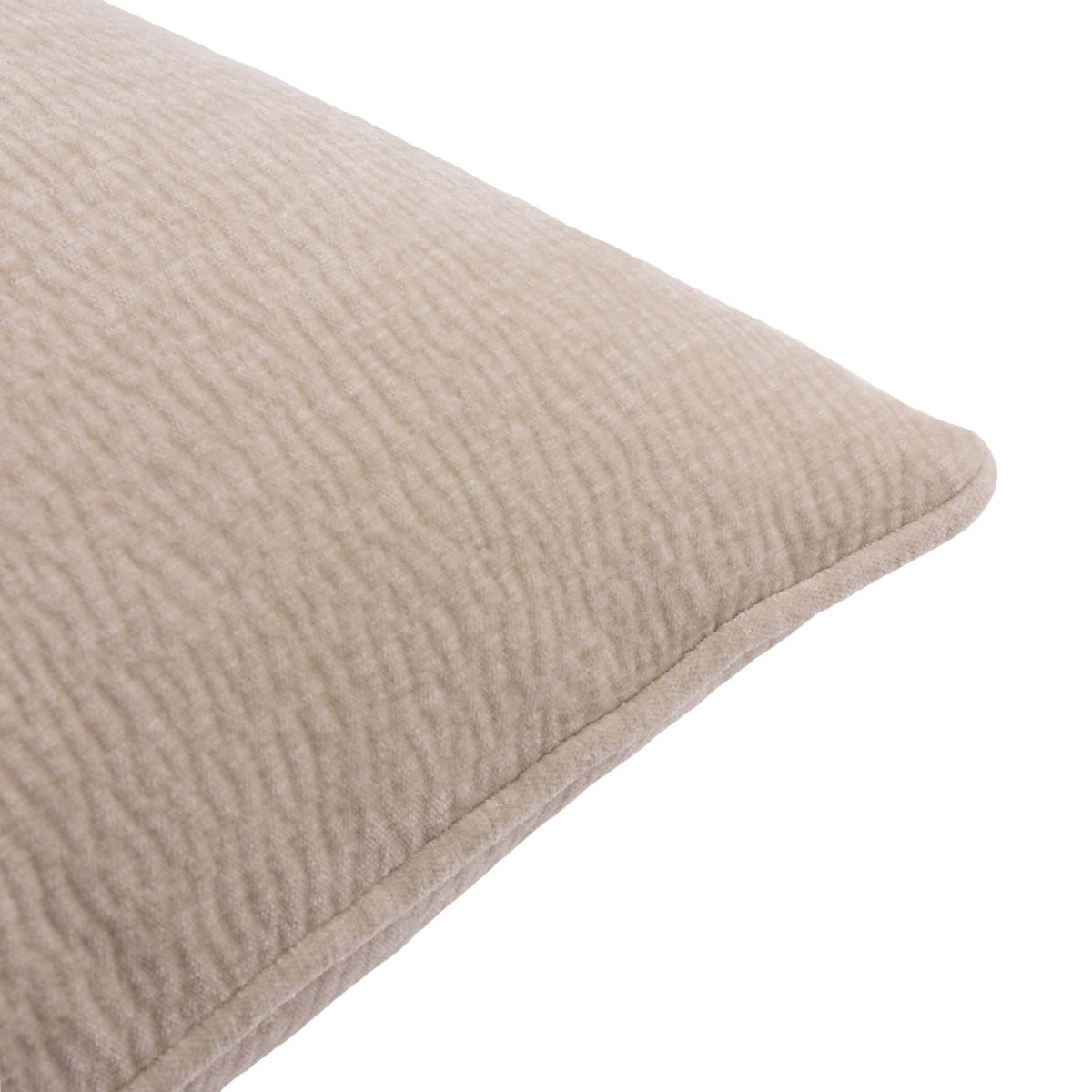 Close-up of the Heath Washed Velvet Jacquard Linen Cushion in linen tone, showing rippling matt-velvet texture and a stitched edge seam, against a plain white background.