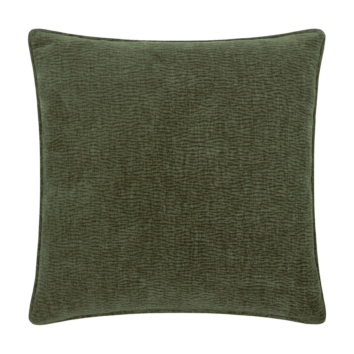 Square olive green cushion in washed velvet jacquard, showing a subtle woven ripple texture with piped edges, on a plain white background.