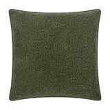 Square olive green cushion in washed velvet jacquard, showing a subtle woven ripple texture with piped edges, on a plain white background.