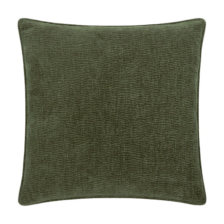 Square olive green cushion in washed velvet jacquard, showing a subtle woven ripple texture with piped edges, on a plain white background.