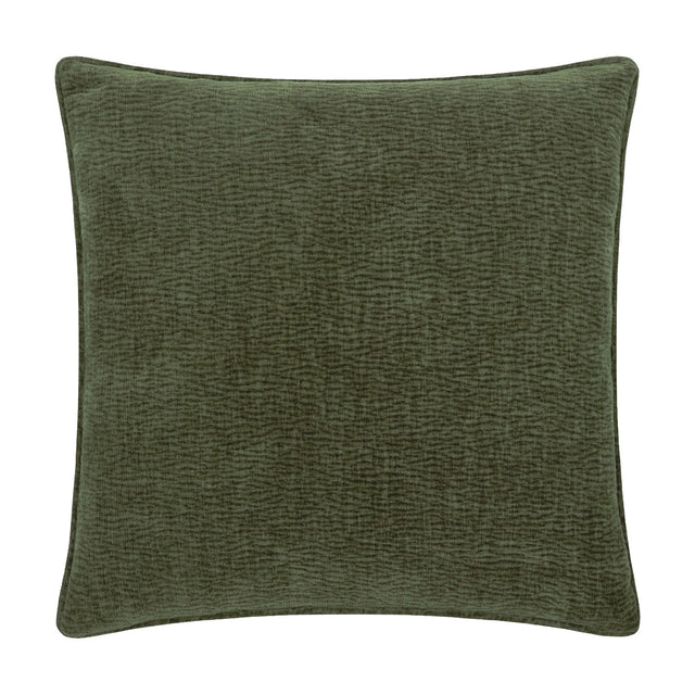 Square olive green cushion in washed velvet jacquard, showing a subtle woven ripple texture with piped edges, on a plain white background.