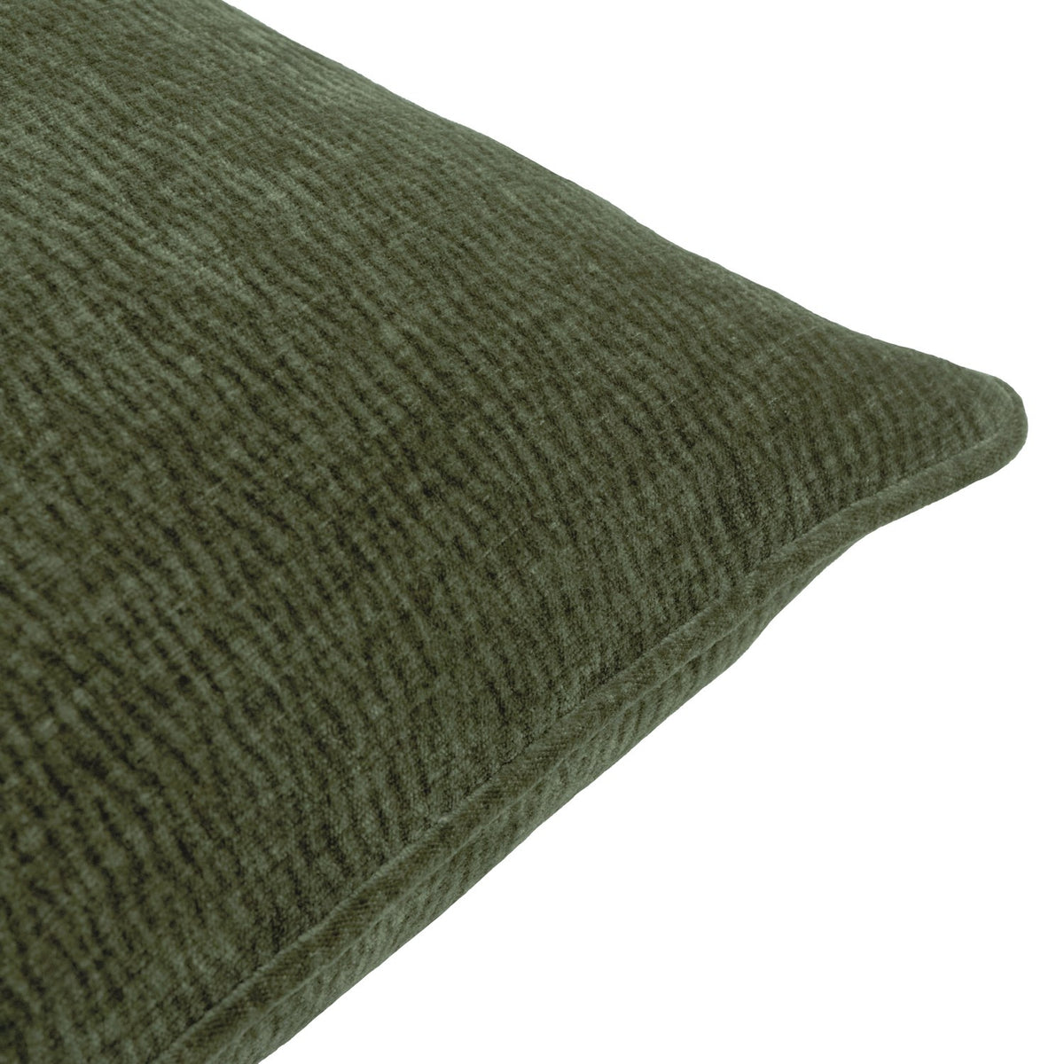 Close-up of the Heath cushion in olive green washed velvet jacquard, showing the woven textured pattern and piped edge, on a plain white background.