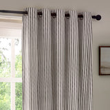 Hebden Cotton Lined Eyelet Curtains in grey, striped panel with metal eyelet heading on a dark pole, hung at a living room window beside a wall-mounted frame.
