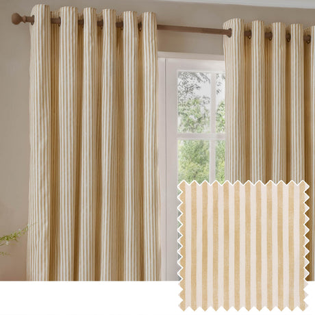 Hebden Cotton Fully Lined Eyelet Curtains in Honey Yellow, showing a pair of striped panels with eyelet headings hung on a wooden pole beside a window, with a fabric swatch inset.