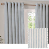 Hebden Cotton Fully Lined Eyelet Curtains in Mineral Blue, vertical stripe pattern on off-white cotton, hung on a wooden pole beside a window, with fabric swatch shown inset.