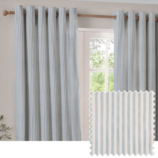 Hebden Cotton Fully Lined Eyelet Curtains in Mineral Blue, vertical stripe pattern on off-white cotton, hung on a wooden pole beside a window, with fabric swatch shown inset.