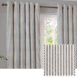 Hebden Cotton Fully Lined Eyelet Curtains in Mole, striped brown and cream cotton panels with eyelet heading on a wooden pole, shown at a living room window with fabric swatch inset.