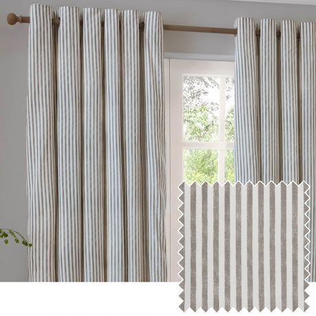 Hebden Cotton Fully Lined Eyelet Curtains in Mole, striped brown and cream cotton panels with eyelet heading on a wooden pole, shown at a living room window with fabric swatch inset.
