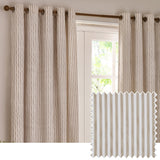 Hebden Cotton Lined Eyelet Curtains in natural beige stripe, shown hung on a pole beside a window, with a fabric swatch detail of the striped cotton weave.