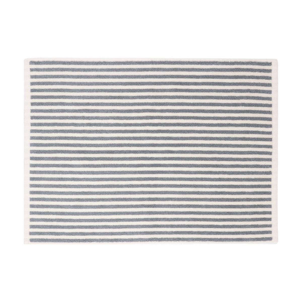 Hebden Striped Cotton Bath Mat in grey, a rectangular terry cotton mat with alternating grey and off-white horizontal stripes, shown on a plain white background.