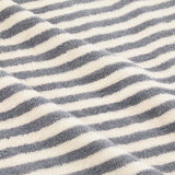 Close-up of the Hebden Striped Cotton Bath Mat in grey, showing textured terry cotton loops in alternating grey and off-white horizontal stripes.