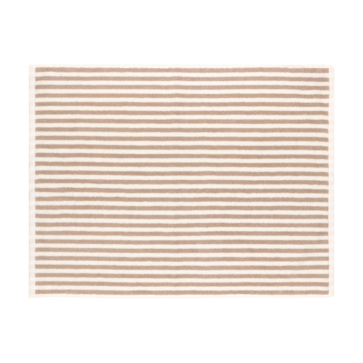 Hebden Striped Cotton Bath Mat in natural, a rectangular terry cotton mat with repeating beige horizontal stripes on an off-white ground, shown on a plain white background.