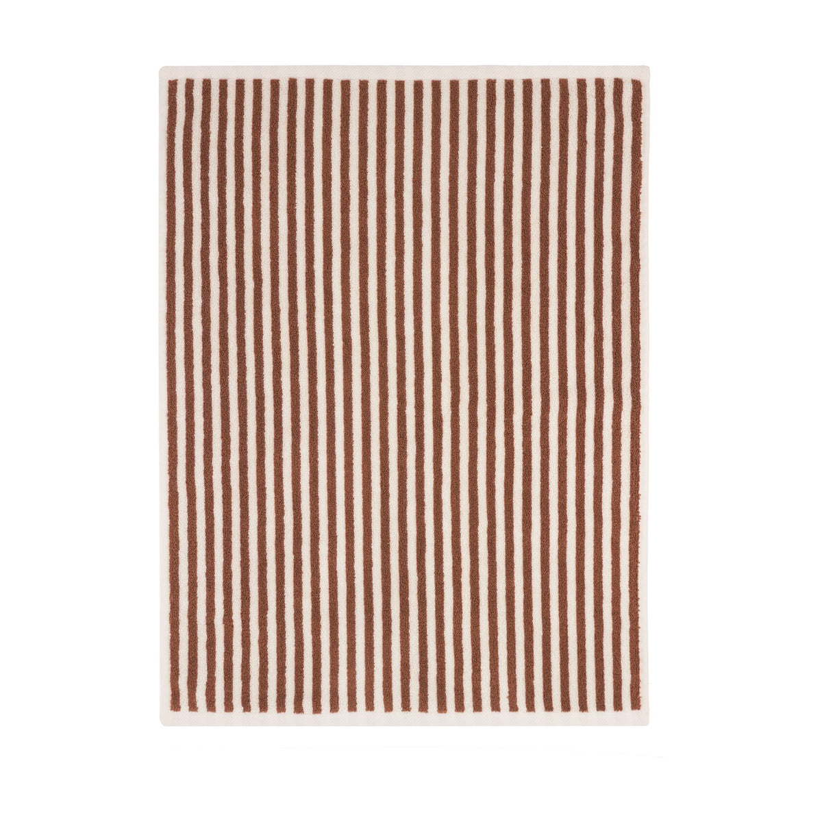 Hebden Striped Cotton Bath Mat in pecan brown, featuring vertical cotton terry stripes on a cream ground, shown flat on a plain white background.