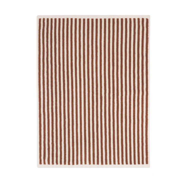 Hebden Striped Cotton Bath Mat in pecan brown, featuring vertical cotton terry stripes on a cream ground, shown flat on a plain white background.