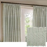 Hebden pencil pleat curtain pair in forest green striped cotton, hung on a dark pole beside a window, with a fabric swatch inset showing the stripe detail.