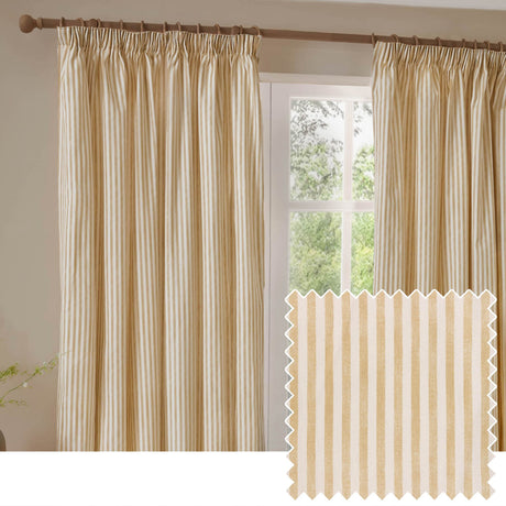 Hebden fully lined pencil pleat curtains in honey-yellow and cream cotton stripe, shown hanging from a wooden pole beside a window, with a fabric swatch inset.