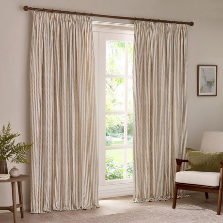 Hebden Striped Cotton Pencil Pleat Curtains - Natural