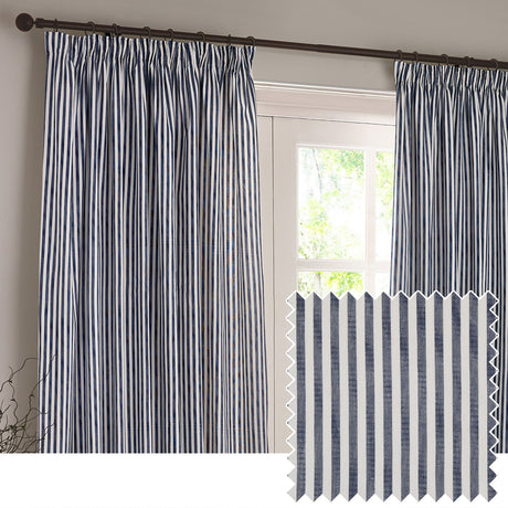 Hebden Striped Cotton Pencil Pleat Curtains in navy and white, hung on a dark rod by a window, with a matching fabric swatch shown in the corner.