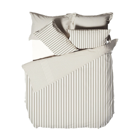 Hebden Cotton Striped Duvet Cover Set in Natural, showing folded cotton bedding with beige and cream mélange stripes and matching pillowcases on a white background.