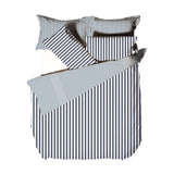 Hebden Cotton Striped Duvet Cover Set in navy and off-white, shown with matching pillowcases in a fine vertical stripe pattern against a plain white background.