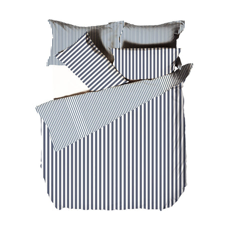 Hebden Cotton Striped Duvet Cover Set in navy and off-white, shown with matching pillowcases in a fine vertical stripe pattern against a plain white background.